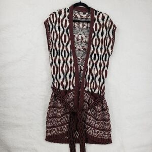Knitted & Knotted Sweater Vest Women Medium Geometric Belted Pockets Bohemian